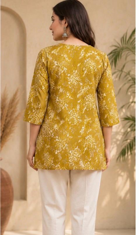 Women’s Mustard Yellow Floral Print Cotton Short Kurta with Lace Detailing