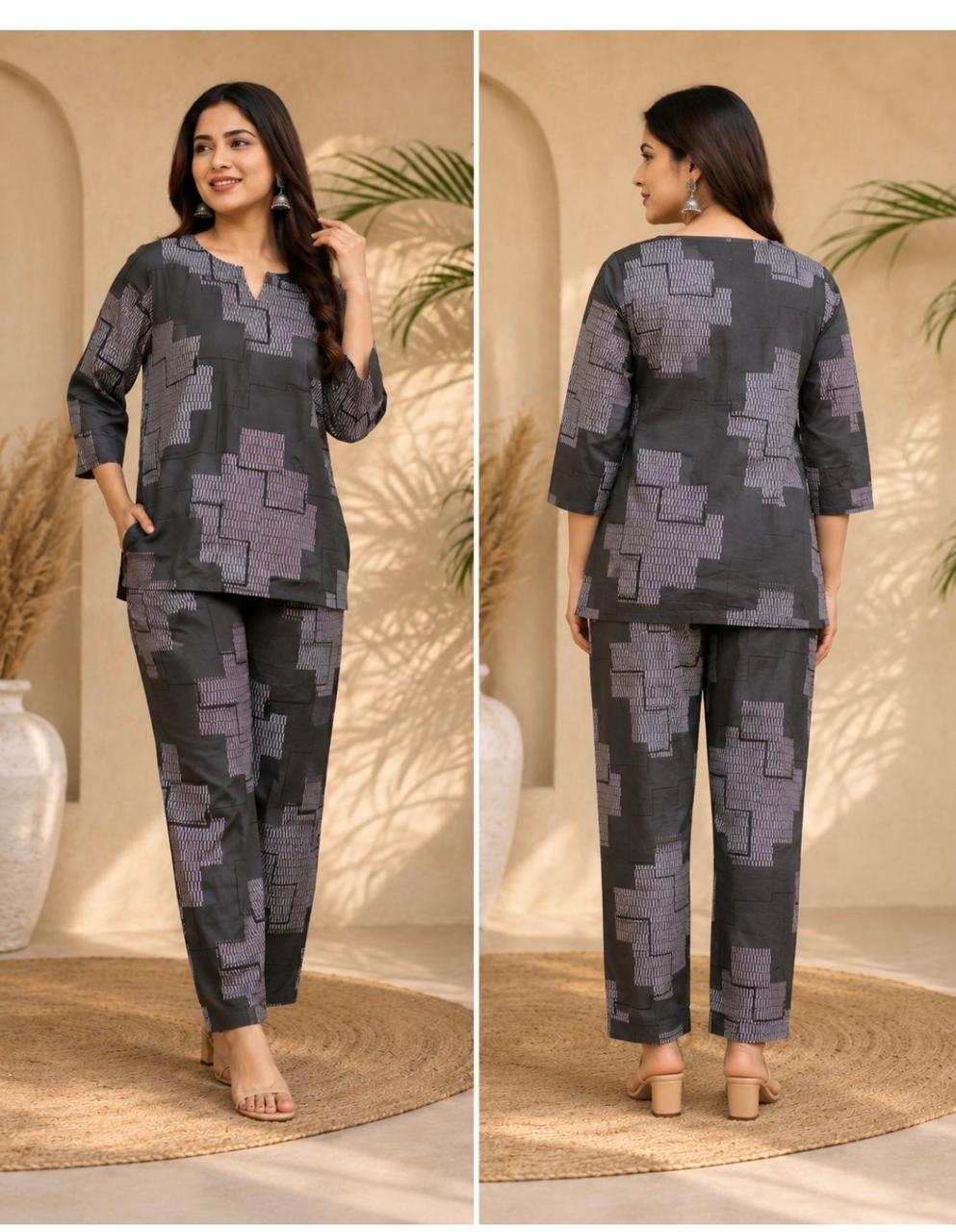 Women's Charcoal Grey Abstract Geometric Print Co-ord Set with Side Pockets