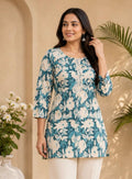 Women's Teal Blue & Cream Floral Print Cotton Short Kurta with Delicate Lace Embroidery