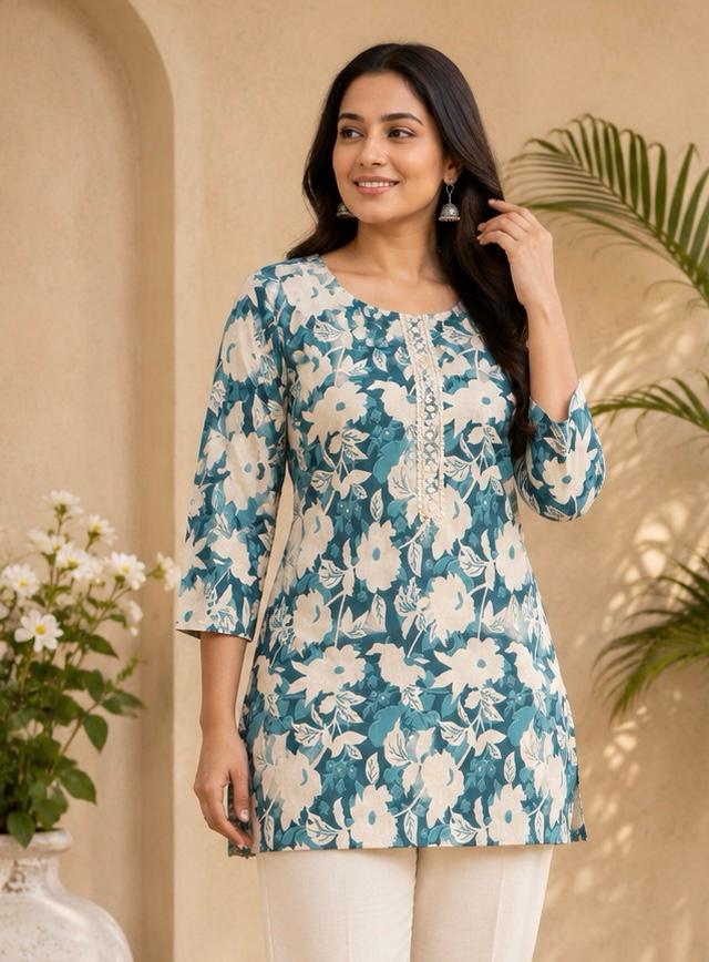 Women's Teal Blue & Cream Floral Print Cotton Short Kurta with Delicate Lace Embroidery