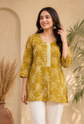 Women’s Mustard Yellow Floral Print Cotton Short Kurta with Lace Detailing