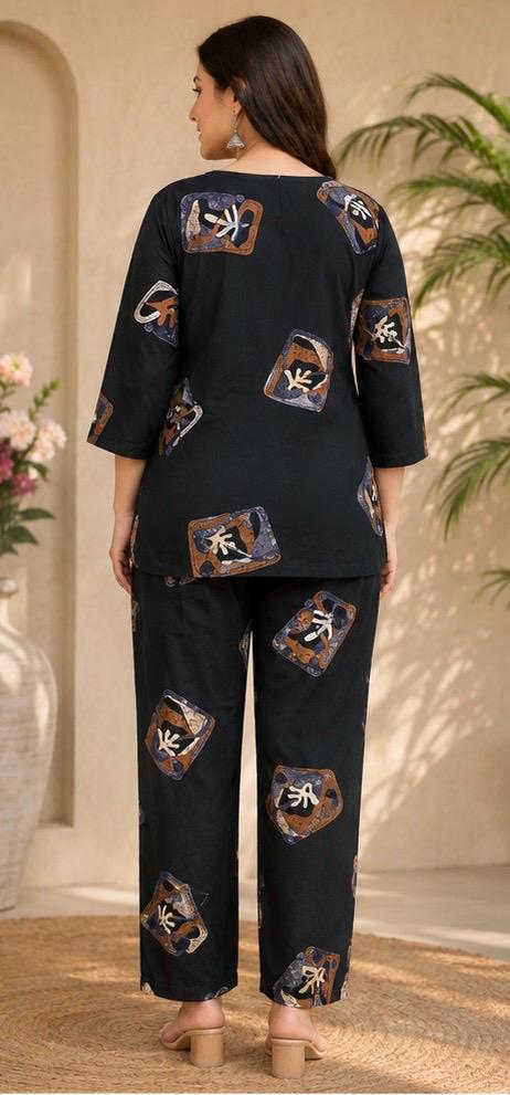 Women's Printed Cotton Co-ord Set – Black Geometric Pattern Tunic with Matching Trousers