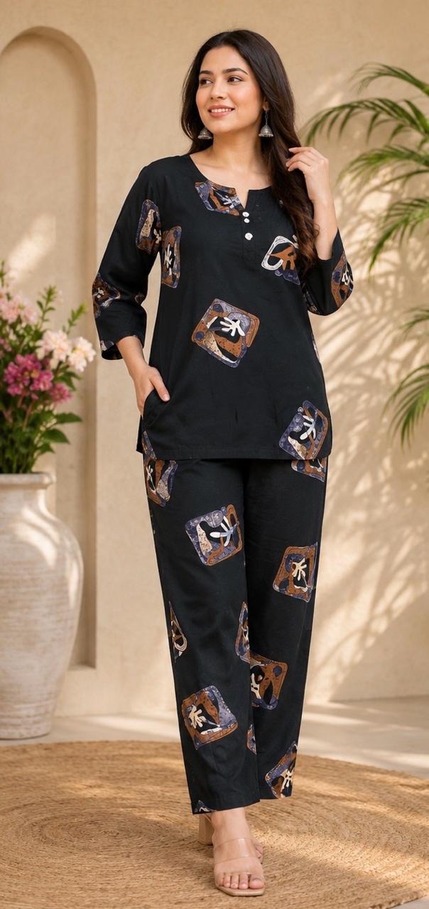 Women's Printed Cotton Co-ord Set – Black Geometric Pattern Tunic with Matching Trousers
