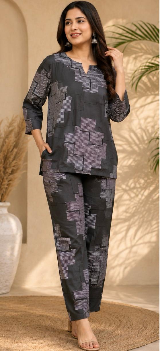 Women's Charcoal Grey Abstract Geometric Print Co-ord Set with Side Pockets