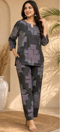 Women's Charcoal Grey Abstract Geometric Print Co-ord Set with Side Pockets