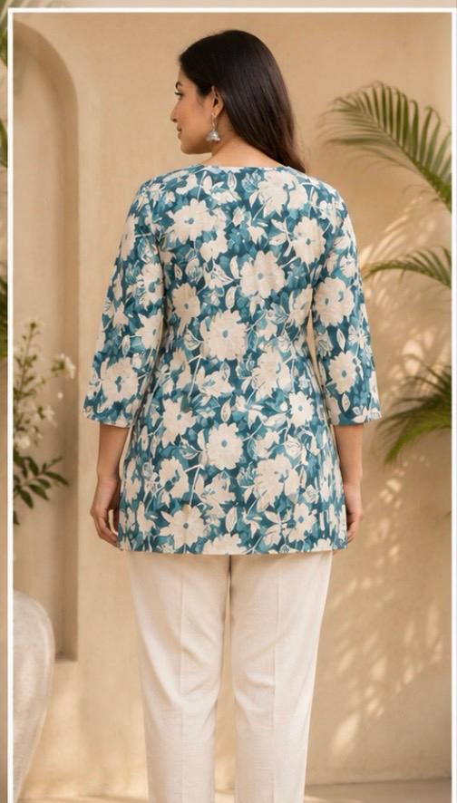 Women's Teal Blue & Cream Floral Print Cotton Short Kurta with Delicate Lace Embroidery