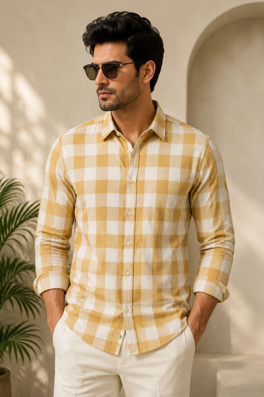 Men’s Premium Cotton Gingham Check Shirt – Classic Tan & White Casual Button-Down