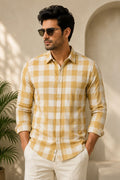 Men’s Premium Cotton Gingham Check Shirt – Classic Tan & White Casual Button-Down