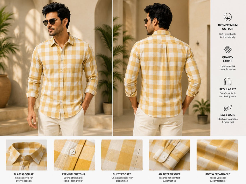 Men’s Premium Cotton Gingham Check Shirt – Classic Tan & White Casual Button-Down
