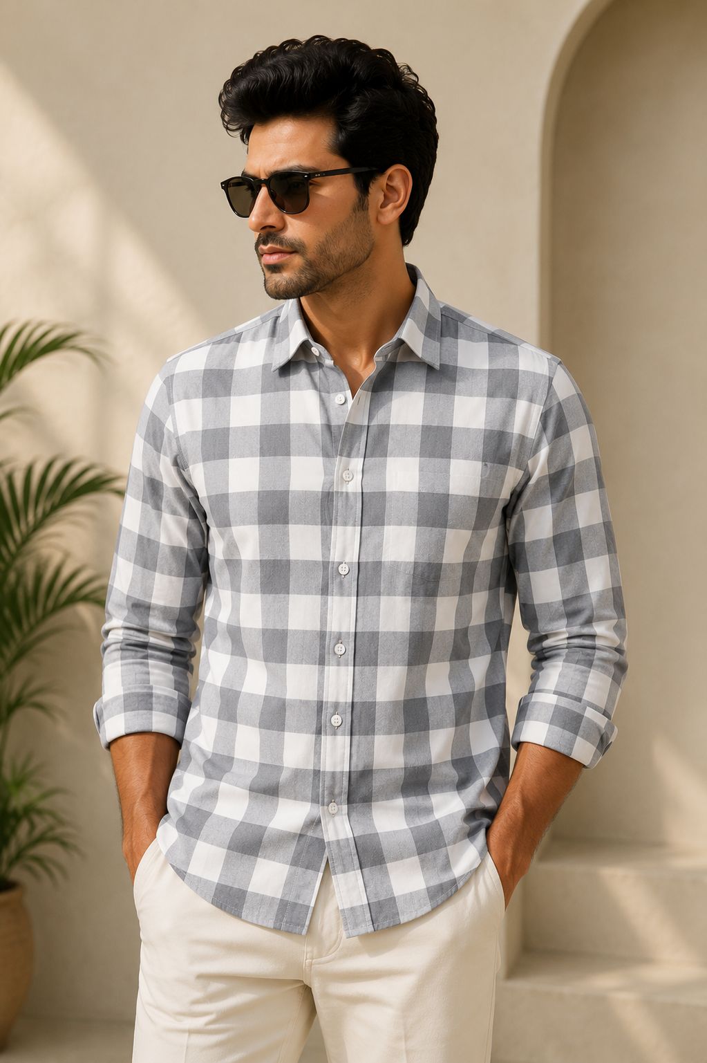 Men’s Premium Cotton Bold Checkered Shirt – Black & White Classic Casual Button-Dow