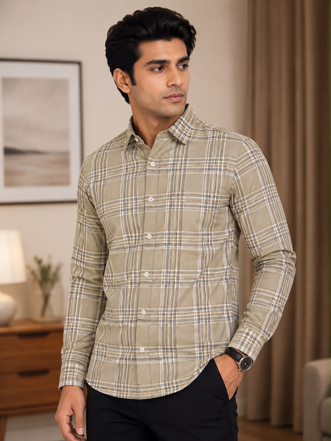 Men’s Premium Cotton Micro-Check Formal Shirt – Subtle Blue & White Casual Button-Down
