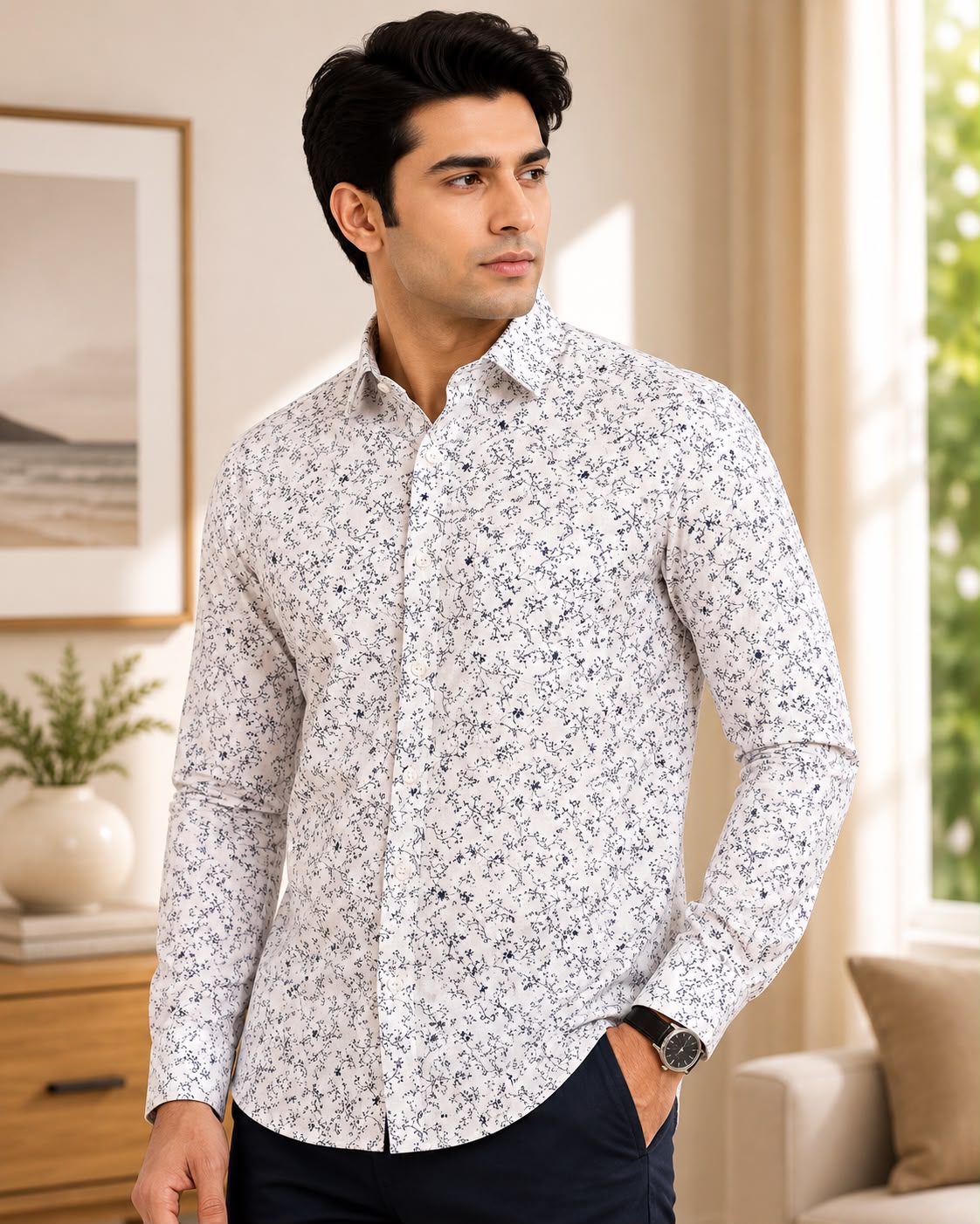Men's Premium Cotton Geometric Print Shirt – Sophisticated Grey & White Smart-Casual Button-Down