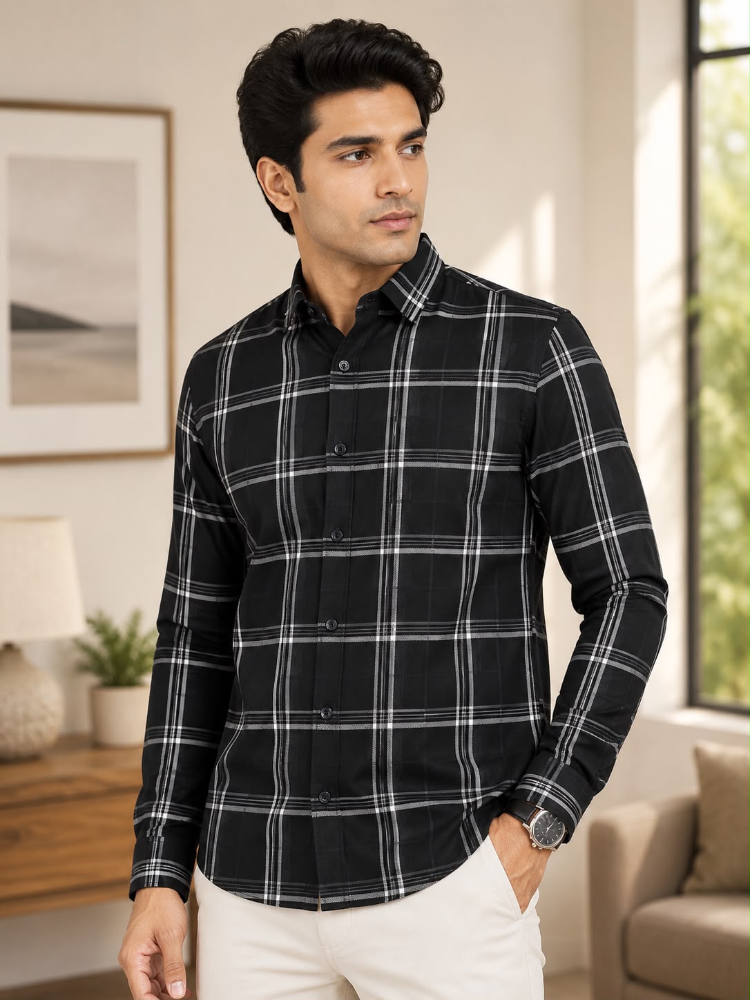 Men's Premium Cotton Geometric Print Shirt – Sophisticated Grey & White Smart-Casual Button-Down