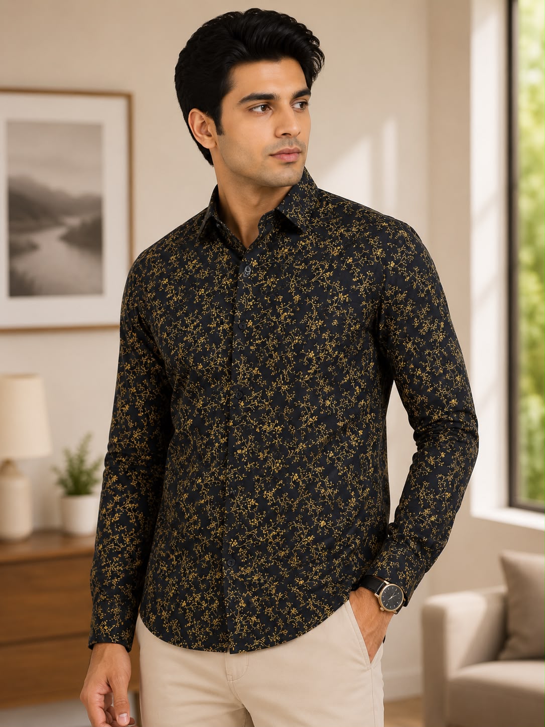 Men’s Premium Cotton Abstract Print Shirt – Dark-Tone Contemporary Casual Button-Down