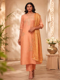 Elegant Peach Chanderi Embroidered Straight Kurta Set with Dupatta