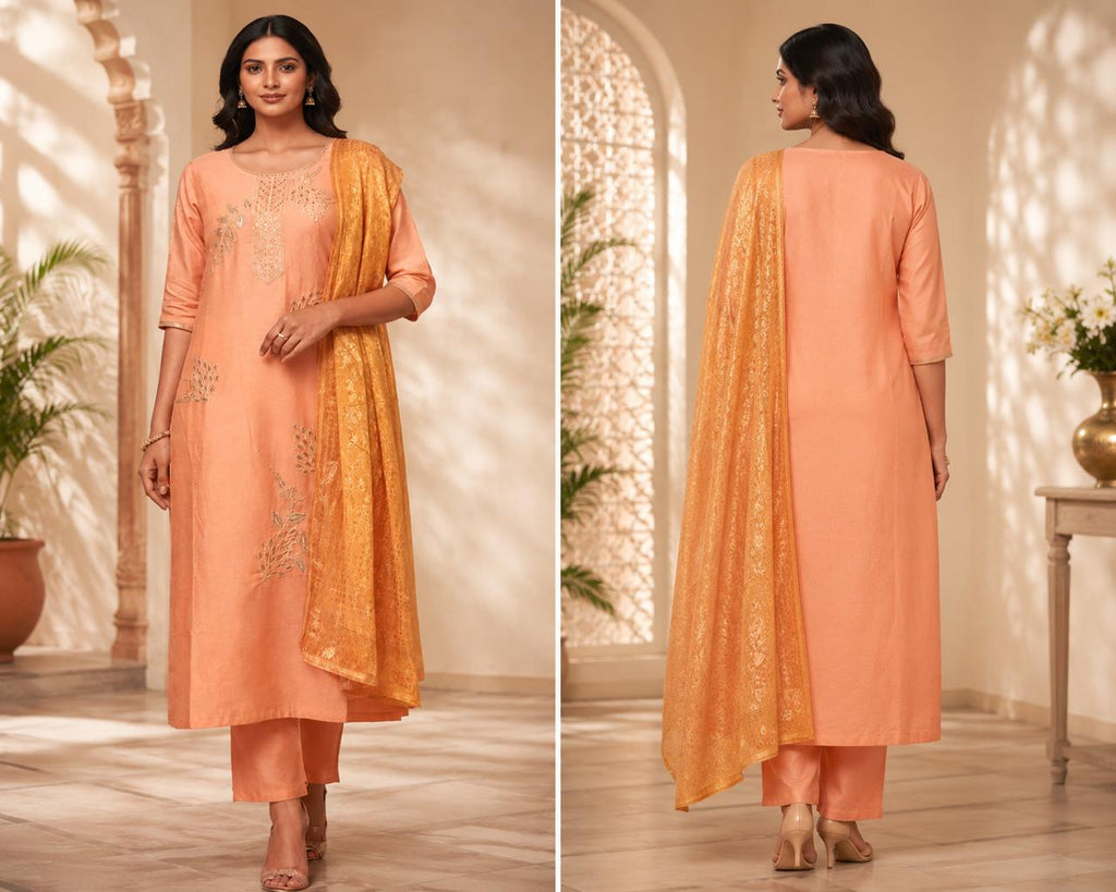 Elegant Peach Chanderi Embroidered Straight Kurta Set with Dupatta