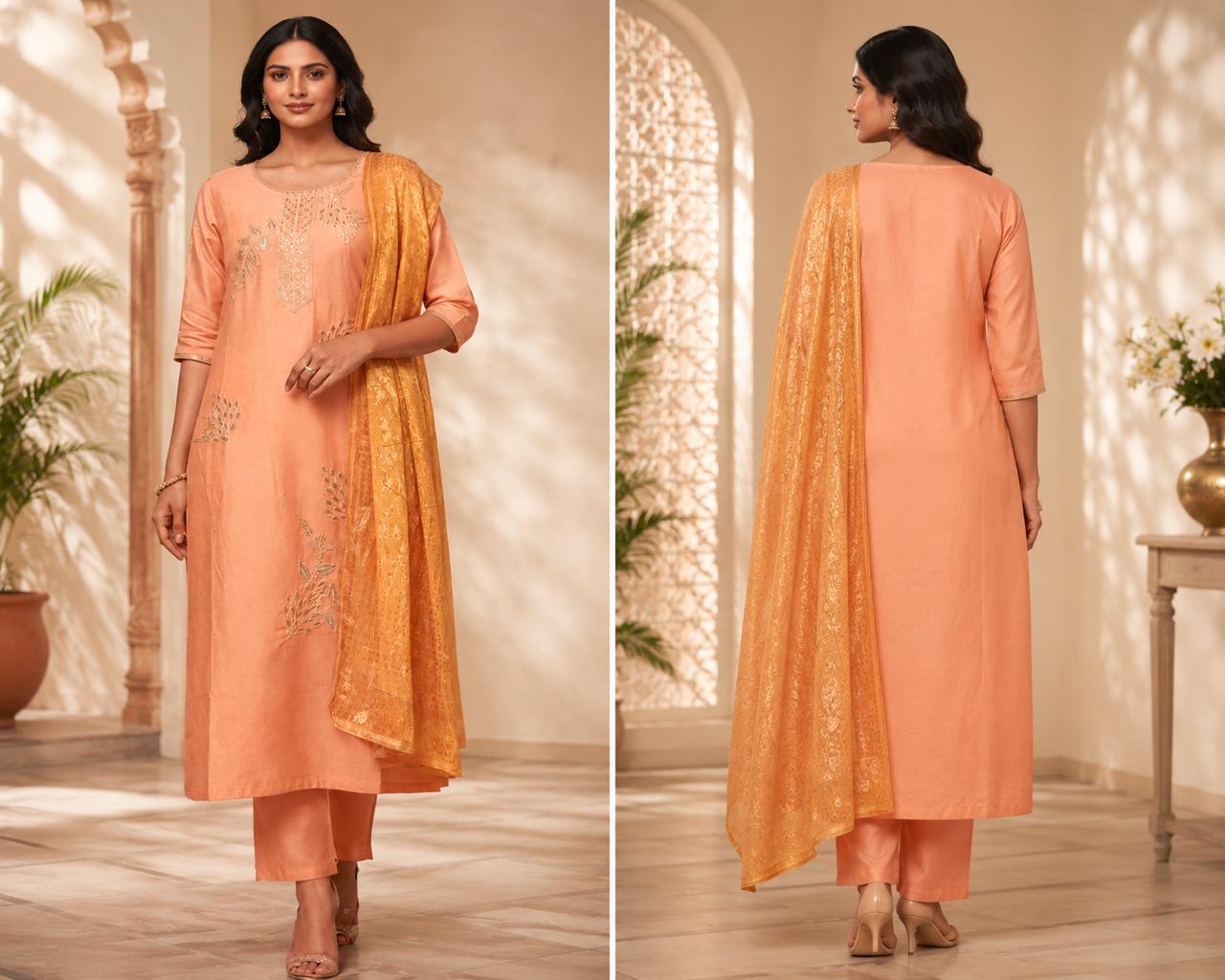 Elegant Peach Chanderi Embroidered Straight Kurta Set with Dupatta