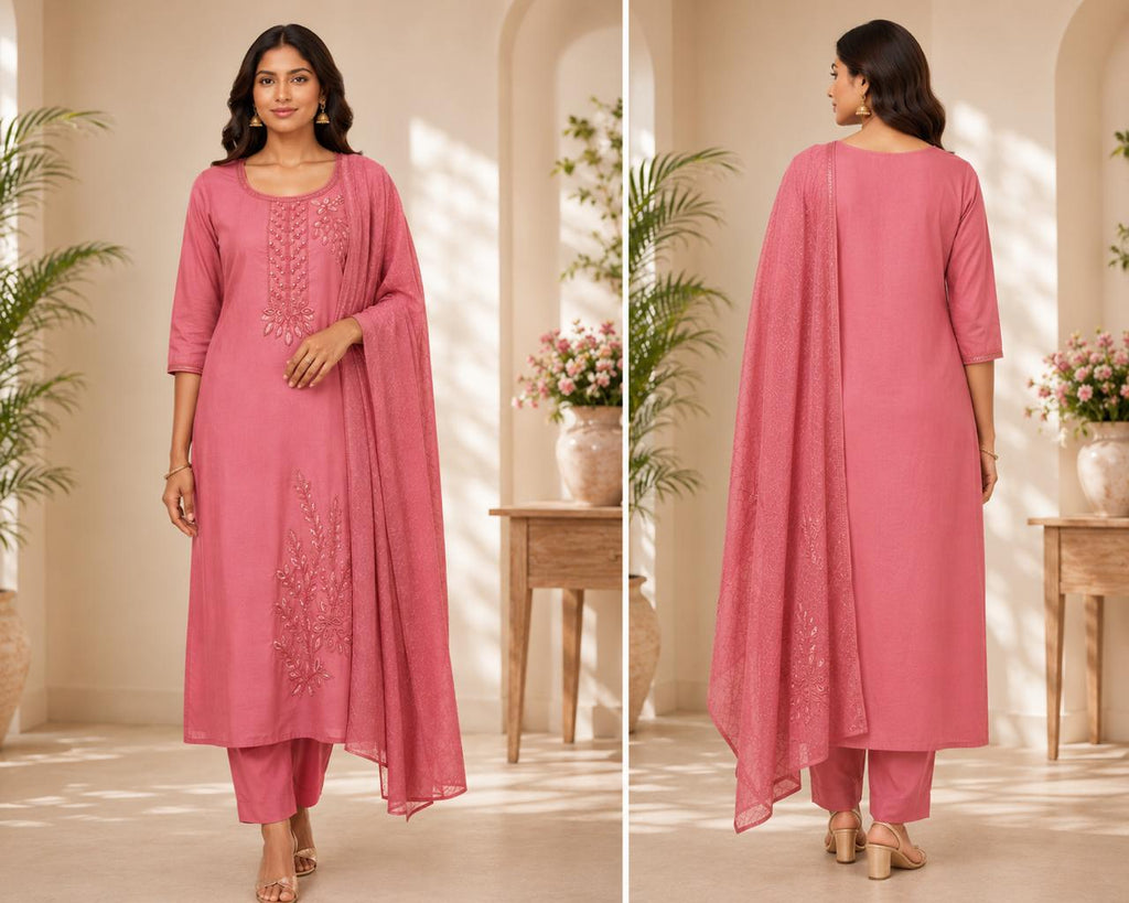 Graceful Pink Embroidered Straight Kurta Set with Dupatta
