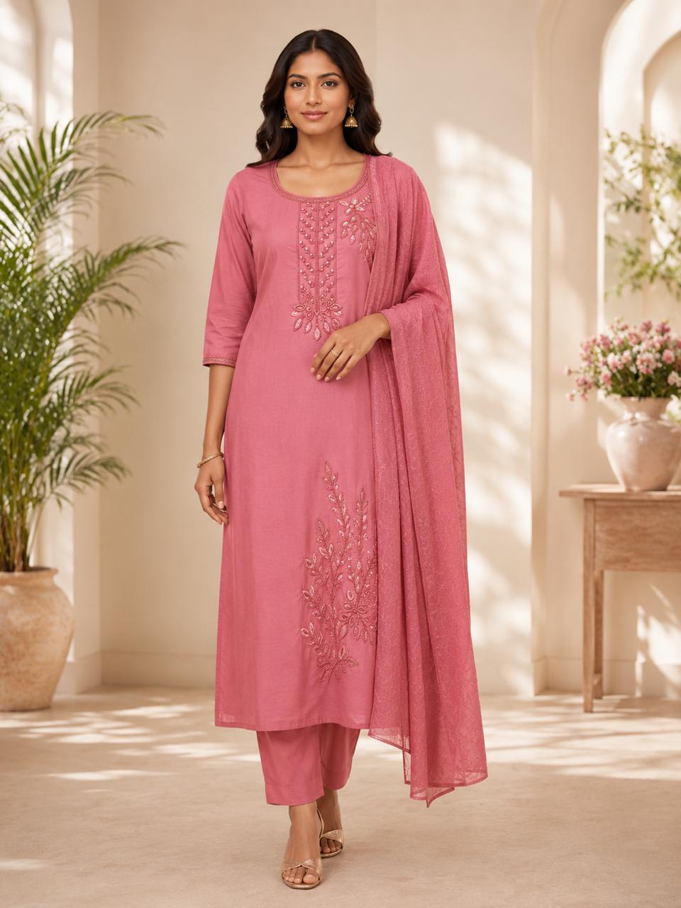 Graceful Pink Embroidered Straight Kurta Set with Dupatta