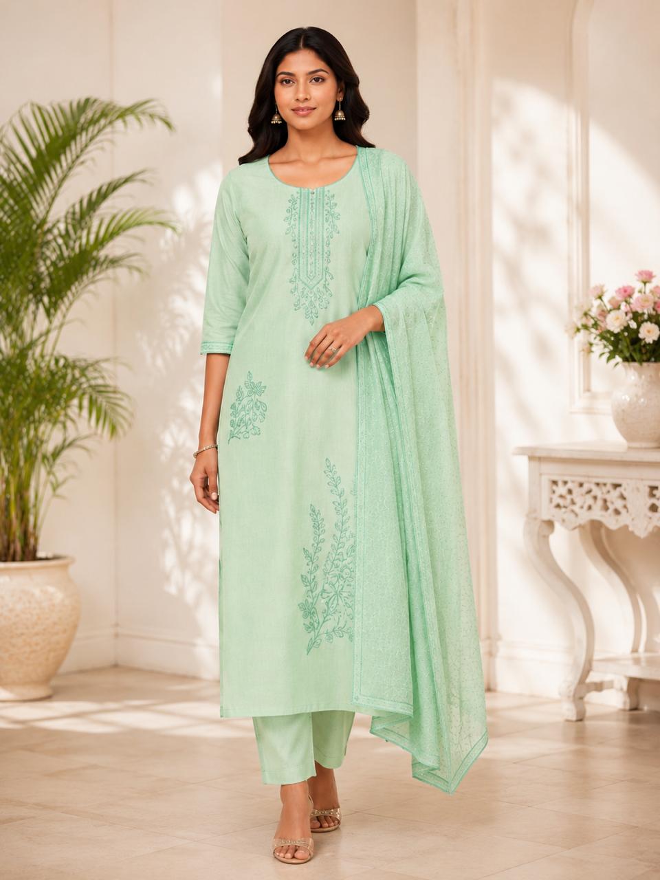 Ethereal Mint Green Embroidered Straight Kurta Set with Dupatta