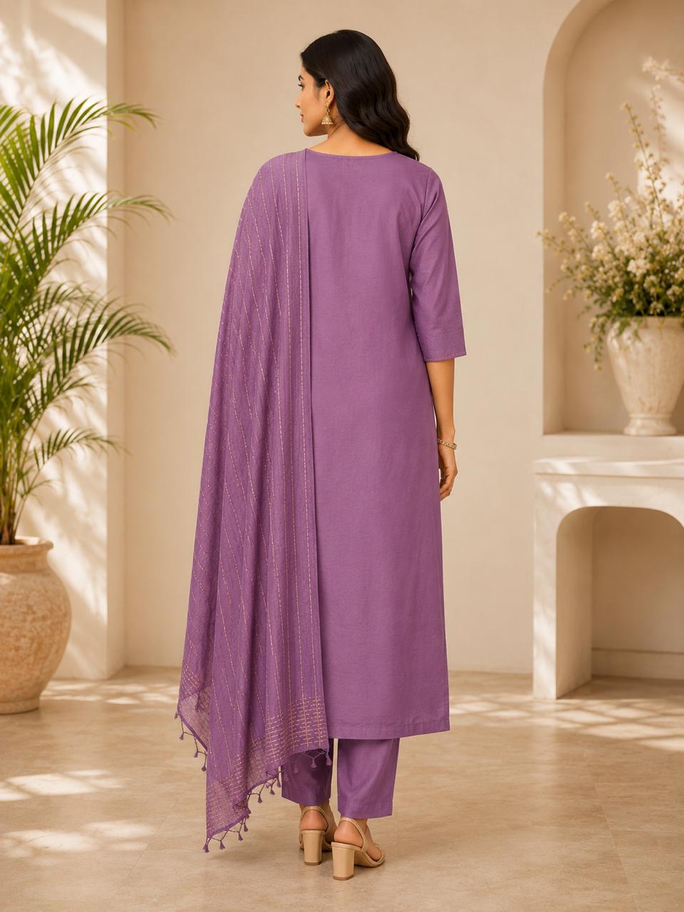 Elegant Lavender Embroidered Straight Kurta Set with Dupatta