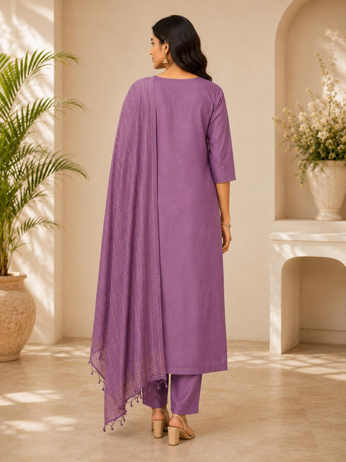 Elegant Lavender Embroidered Straight Kurta Set with Dupatta