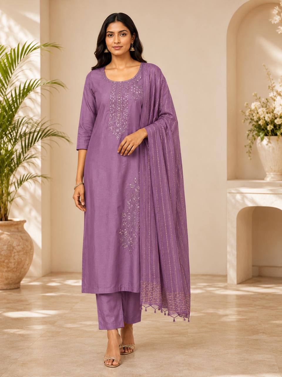 Elegant Lavender Embroidered Straight Kurta Set with Dupatta