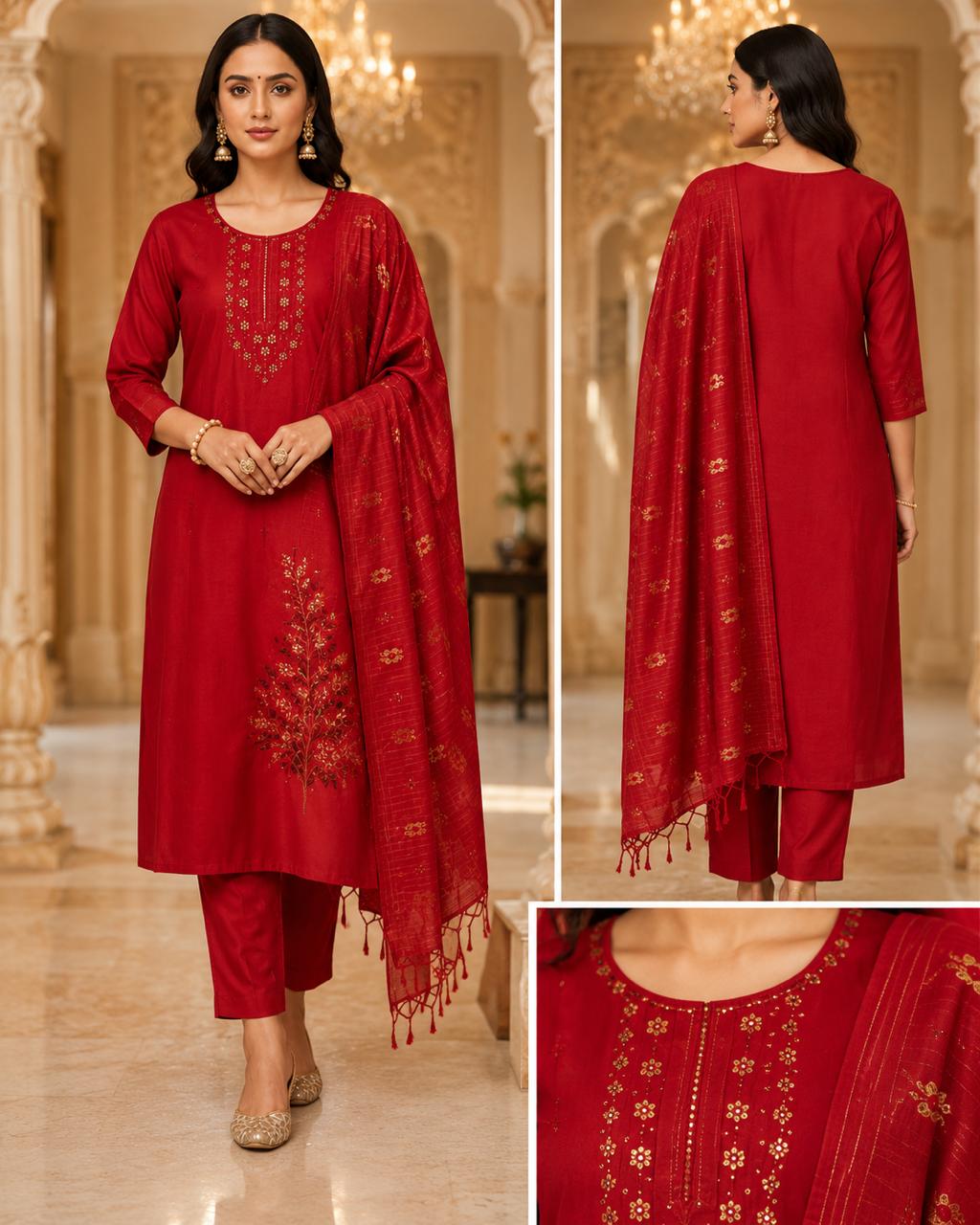 Radiant Red Embroidered Straight Kurta Set