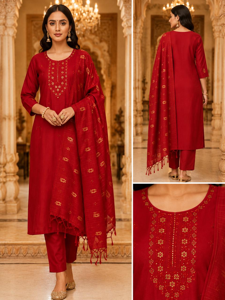 Radiant Red Embroidered Straight Kurta Set