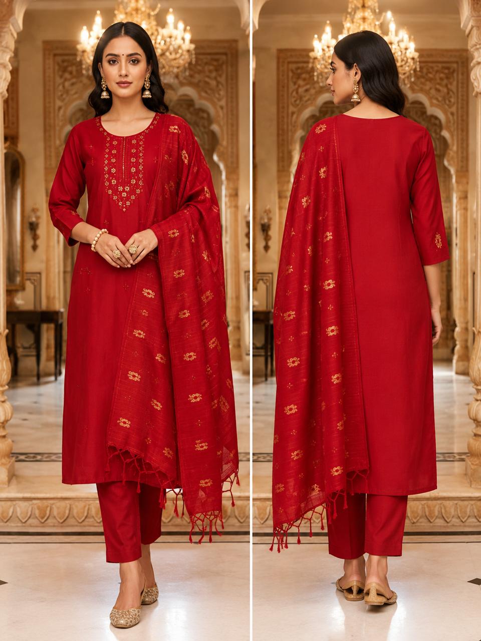 Radiant Red Embroidered Straight Kurta Set
