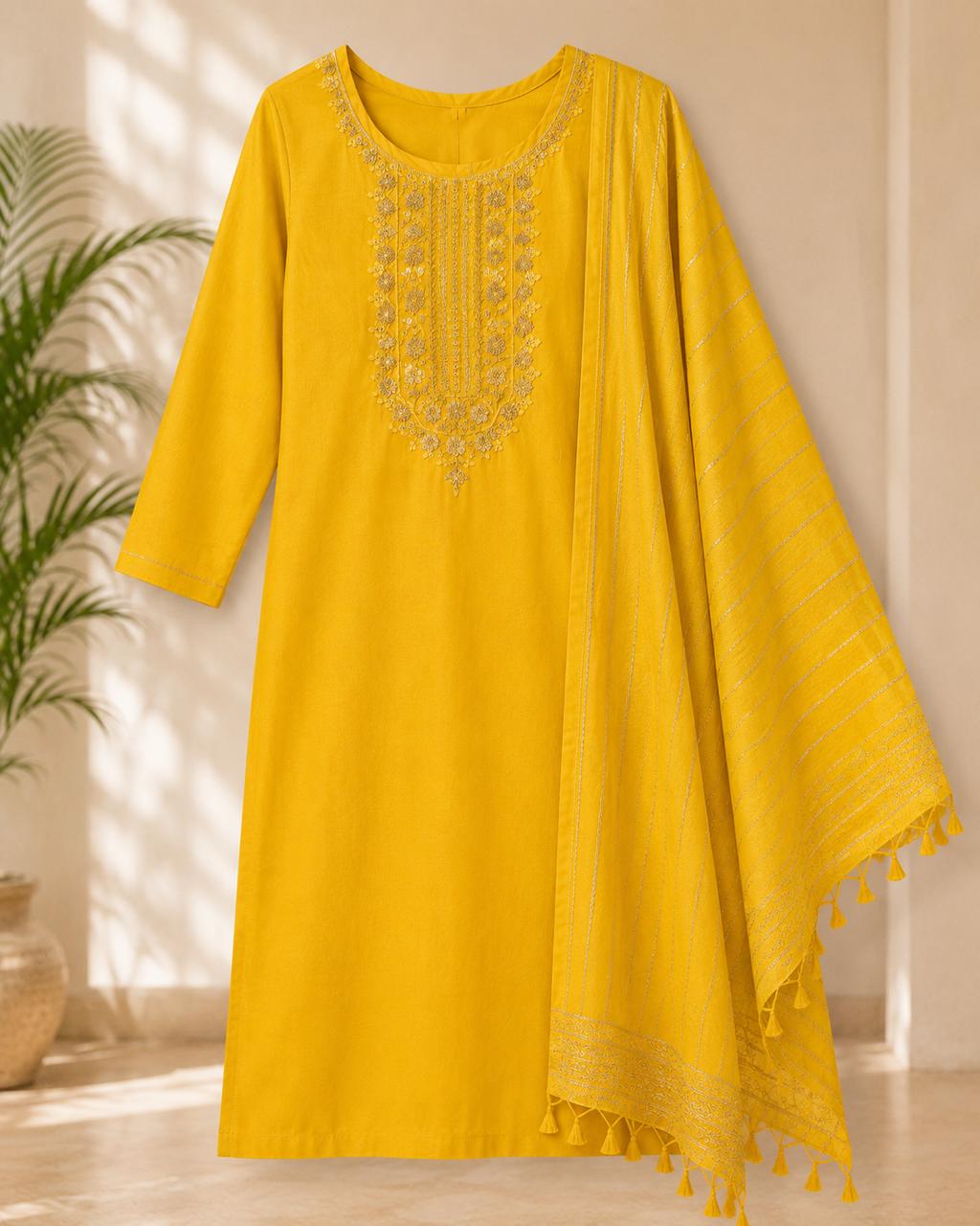 Yellow Embroidered Straight Kurta Set with Dupatta