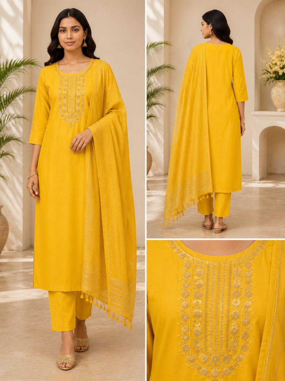 Yellow Embroidered Straight Kurta Set with Dupatta