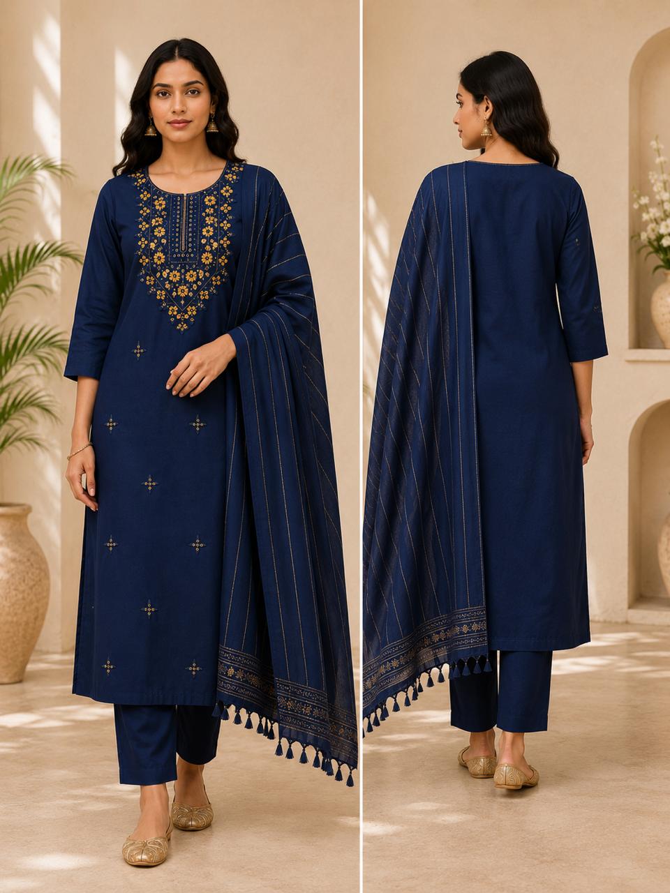 Classic Navy Blue Embroidered Straight Kurta Set with Dupatta